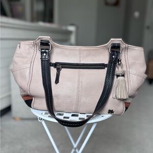 The Sak Kendra Pebbled Leather Hobo Shoulder Bag in Light Beige with Black Trim